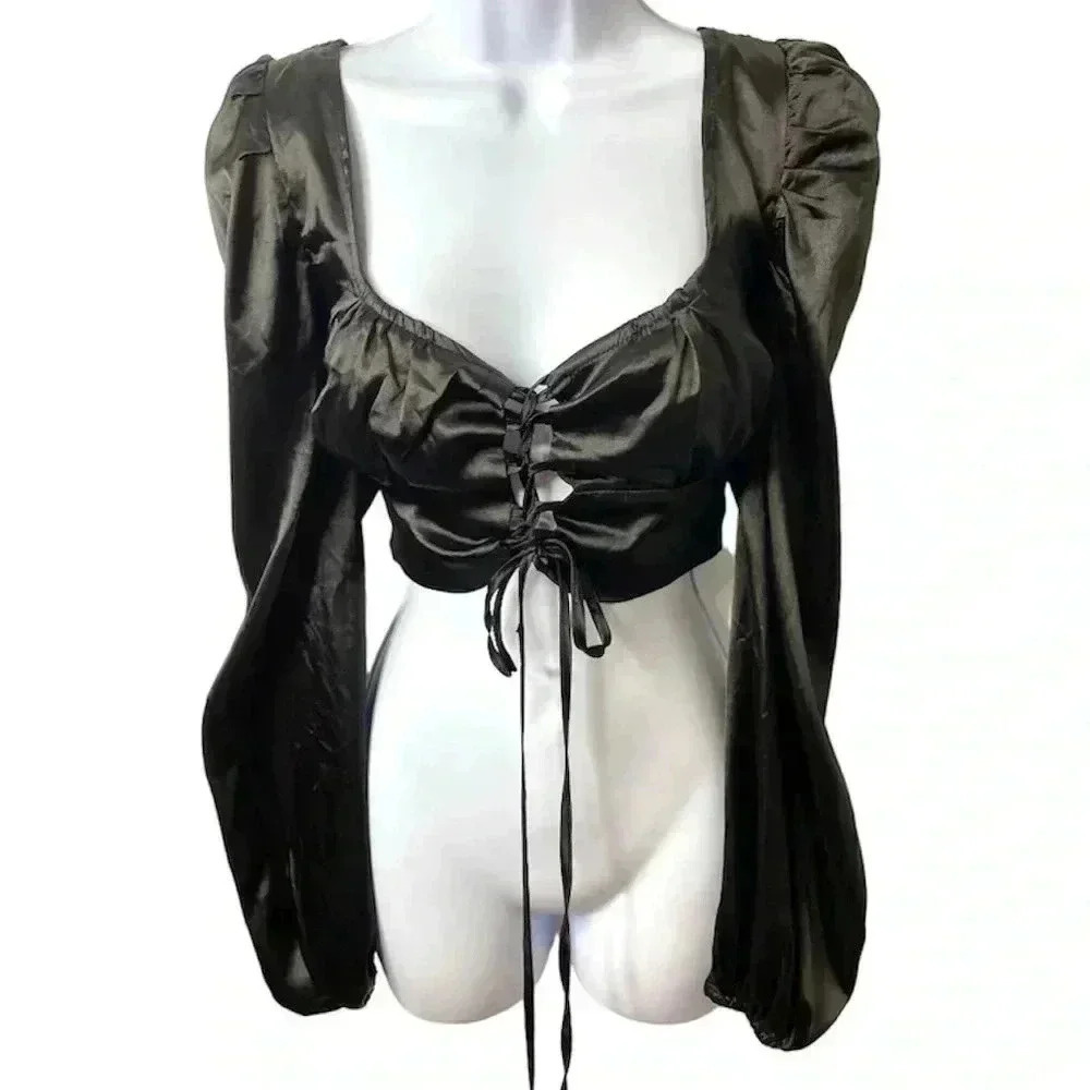 Bee Free Black Satin Lace Up Peasant Cropped Blouse